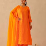 Bright Orange Russian Silk Solid Kurti Set