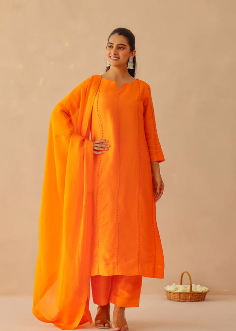 <img> Bright Orange Russian Silk Solid Kurti Set