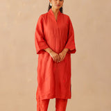 Scarlet Red Russian Silk Subtle Embroidered Kurti Set