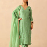 Spring Green Russian Silk Subtle Embroidered Kurti Set