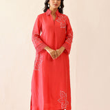 Coral Red Russian Silk Embroidered Kurti Set