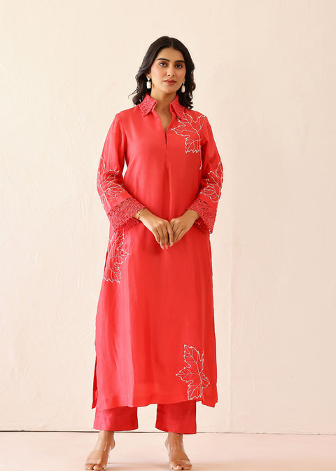 <img> Coral Red Russian Silk Embroidered Kurti Set