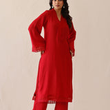 Crimson Red Cotton Santoon Solid Kurti Set