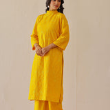 Golden Yellow Cotton Santoon Embroidered Kurti Set