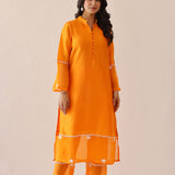 Bright Orange Russian Silk Solid Kurti Set