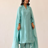 Aqua Blue Russian Silk Subtle Embroidered Kurti Set