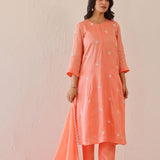 Salmon Pink Russian Silk Embroidered Kurti Set