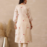Off White Russian Silk Embroidered Kurti Set