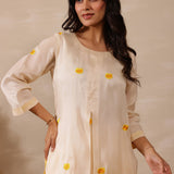 Off White Russian Silk Embroidered Kurti Set