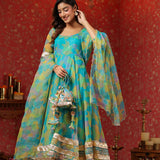 Cerulean Blue Organza Printed Anarkali Set