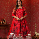 Deep Scarlet Red Organza Printed Anarkali Set