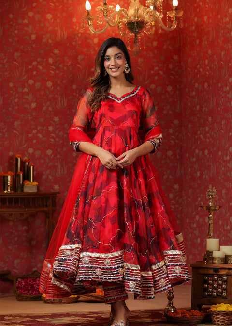 <img> Deep Scarlet Red Organza Printed Anarkali Set