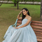 Pastel Grey Cotton Printed Gown Set