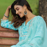 Ice Blue Cotton Floral Printed Kurti Set