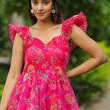 French Rose Pink Organza Floral Printed Gown