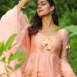 Peach Pink Organza Floral Anarkali Set