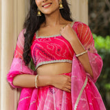 French Rose Organza Bandhani Printed Lehenga Set