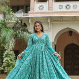 Teal Blue Cotton Floral Printed Anarkali Set