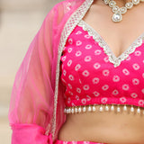 Bright Pink Organza Bandhani Printed Lehenga Set