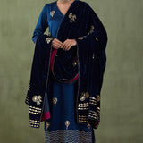 Dark Blue Floral Foil Print Straight Kurta Set