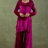 Dark Pink Velvet Short Kurta And Sharara Set