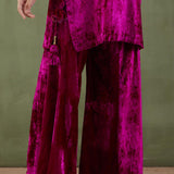 Dark Pink Velvet Short Kurta And Sharara With Shawl Set