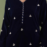 Embroidered Dark Blue Velvet Straight Kurta Set With Dupatta