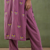Embroidered Lilac Straight Kurta And Pant With Banarashi Strip Dupatta