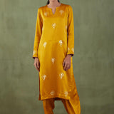 Foil Print Mustard Mashru Silk Straight Kurta Set