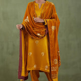Mustard Foil Printed Mashru Silk Straight Kurta And Salwar With Velvet Shawl Set