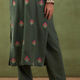 Embroidered Dark Olive Green Straight Kurta And Pant With Banarasi Strip Dupatta