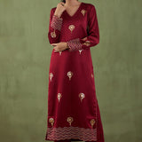 Floral Foil Print Dark Maroon Straight Kurta Set