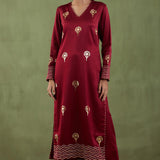 Floral Foil Print Dark Maroon Straight Kurta Set With Velvet Dupatta