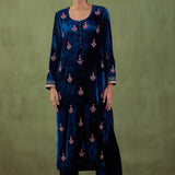 Peacock Blue Velvet Straight Zardosi Work Kurta And Plain Pant