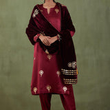 Maroon Foil Printed Mashru Silk Straight Kurta And Salwar With Velvet Shawl Set