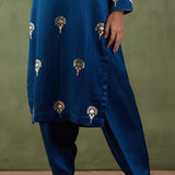 Dark Blue Foil Printed Mashru Silk Straight Kurta And Salwar With Velvet Shawl Set