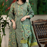 Dark Green Suit Set With Printed Floral Patterns