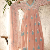 Old Rose Pink Block Printed Cotton Kurta Set With Floral Pattern