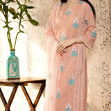 Bright Peach Block Printed Cotton Kurta Set With Floral Pattern
