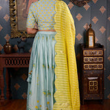 Sea Green Foil Printed Cotton Silk Lehenga Set With Dupatta