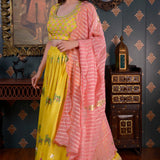 Lemon Yellow Foil Printed Cotton Silk Lehenga Set With Dupatta