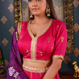 Rani Pink Printed Cotton Silk Lehenga Set With Dupatta