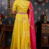 Lemon Yellow Printed Cotton Silk Lehenga Set With Dupatta