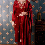 Embroidery Maroon Velvet Kurta Set