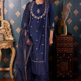 Hand Embroidery Navy Blue Cotton Silk Kurta Set