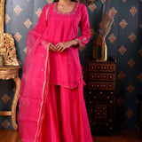 Hand Embroidery Bright Pink Cotton Silk Sharara Set
