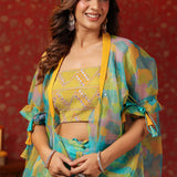 Cerulean Blue Organza Printed Indo-Western Co-Ord Set