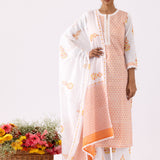 Orange Block Printed Ivory Straight Kurta Palazzo Set