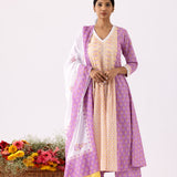 Block Print Cotton Lilac Anarkali With Palazzo Set