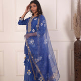Dark Blue Foil Block Print Kurta Sharara Set With Dupatta